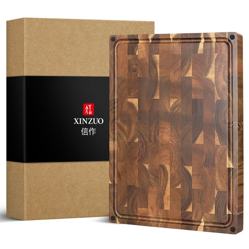 XINZUO Grosses Akazienholz Hirnholz Schneidebrett - 48.5x35.6x3.8cm. Rechteckiges, braunes Akazienholzbrett mit Hirnholzstruktur zum Schneiden von Lebensmitteln.