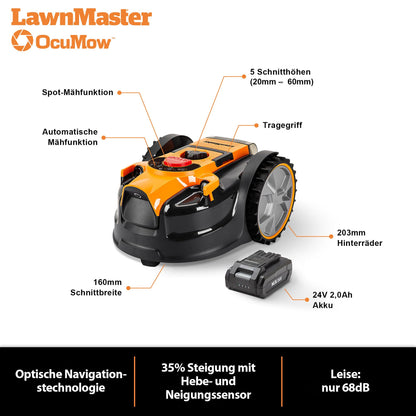 LawnMaster OcuMow Mähroboter ohne Begrenzungskabel bis 80 m²