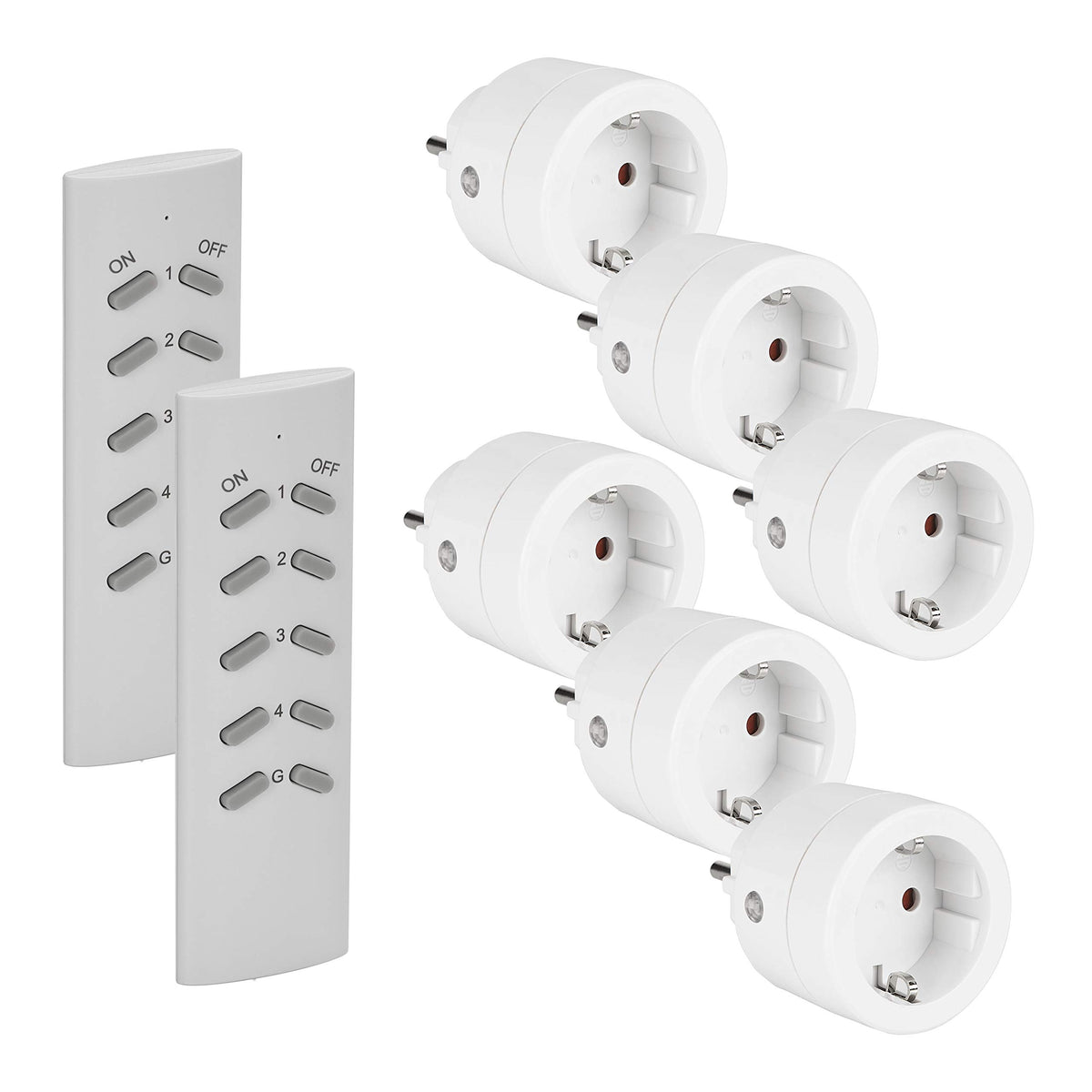 SEC 24 Funksteckdosen-Set, 6 Steckdosen mit 2 Fernbedienungen, 3680 W, weiss, rundes kompaktes Design
