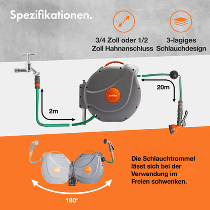 VonHaus Schlauchtrommel 20 m, Wandmontage, automatische Aufrollung