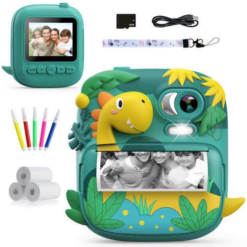 CAMCLID Kinderkamera ET-7 Sofortbildkamera Dinosaurier mit 32 GB Karte, Silikonhülle in Dinosaurierform, 2,4-Zoll-Bildschirm