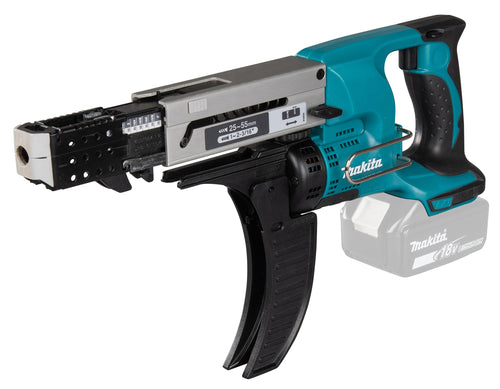 Makita DFR550Z Akku-Magazinschrauber - 18V Solo 25-55mm, blau-schwarz. Verschraubt Gipskartonplatten im Trockenbau.