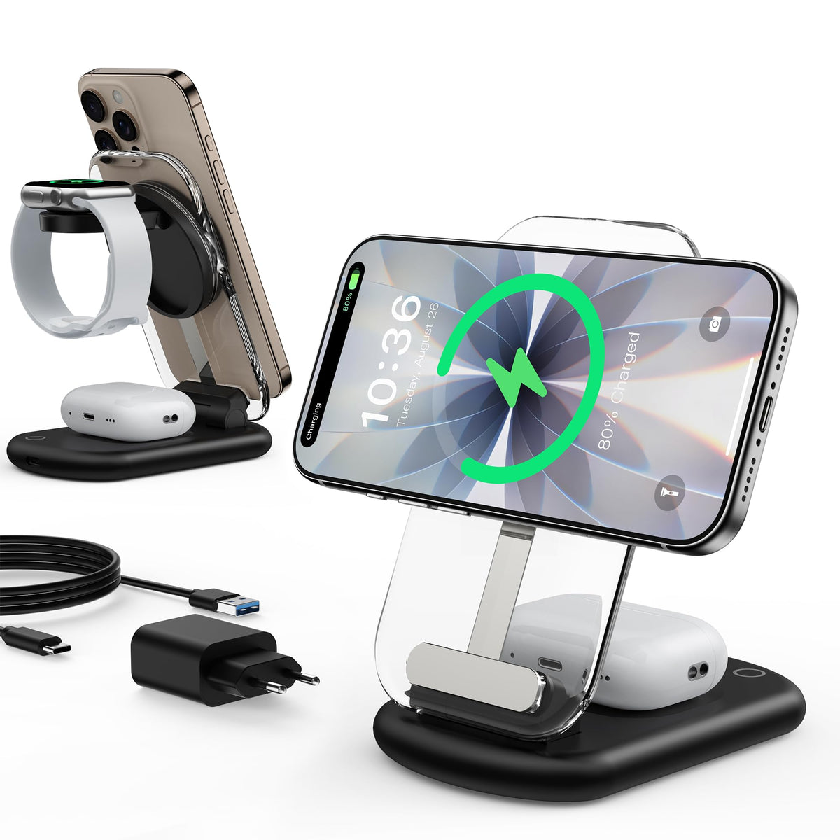 Mukiya T618-F 3-in-1 MagSafe-Ladestation für iPhone, Watch, AirPods, faltbarer Ladeständer mit Nachtlicht
