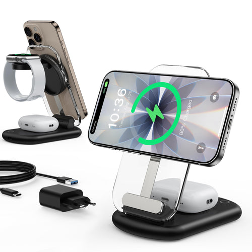 Mukiya T618-F 3-in-1 MagSafe-Ladestation für iPhone, Watch, AirPods, faltbarer Ladeständer mit Nachtlicht