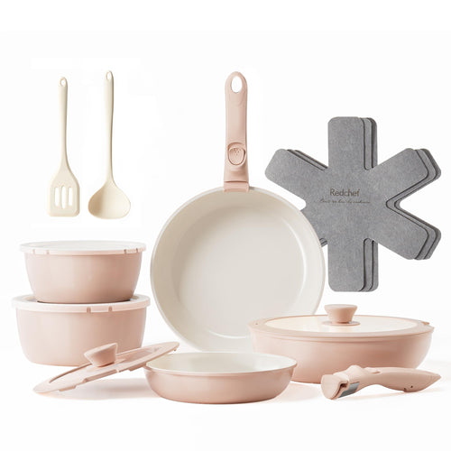 Redchef Kochgeschirr-Set 16-teilig Antihaft Abnehmbare Griffe – Rosa. Rundes, rosa Set zum Braten und Kochen.