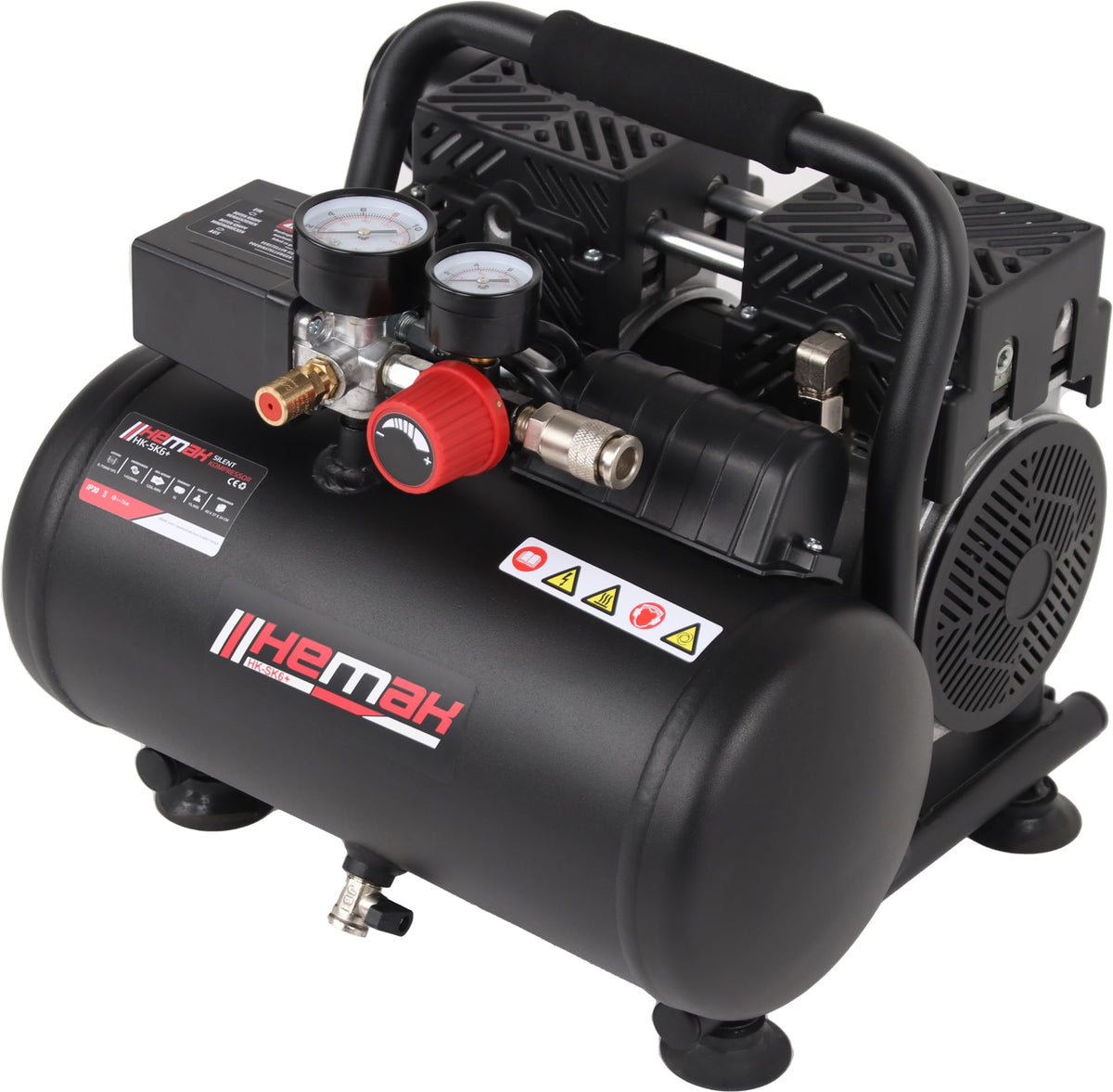 HEMAK HK-SK6+ Flüster-Druckluftkompressor - 6L 8 Bar 1PS, blau. Erzeugt leise, stabile Druckluft für Werkstatt und Heimwerker.