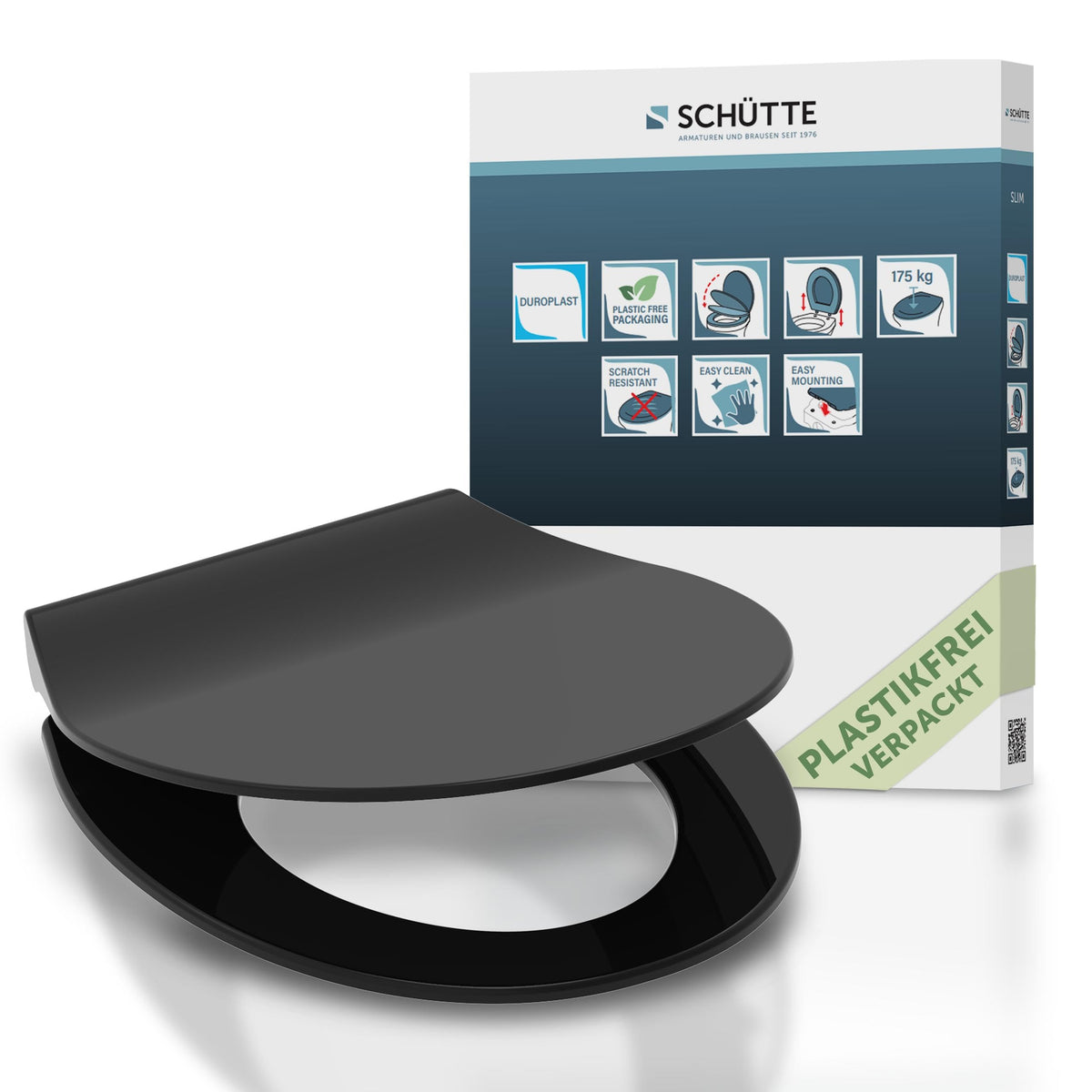 Schütte Slim WC-Sitz aus Duroplast mit Absenkautomatik, Schwarz, abnehmbarer Toilettendeckel mit Schnellverschluss