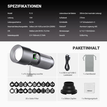 NEEWER FL10 RGB LED Spotlight – 10W Foto-Taschenlampe, 20 GOBO-Filter