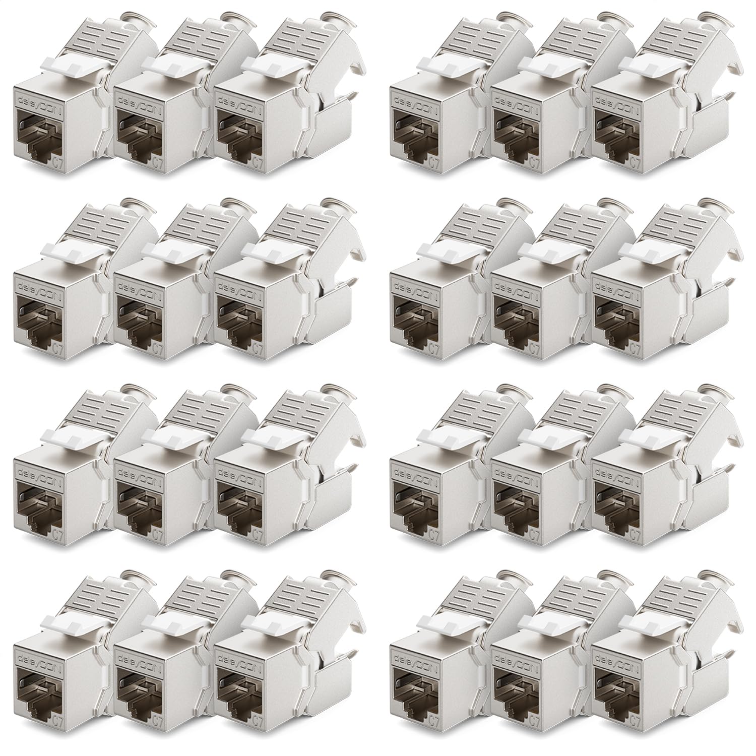 deleyCON CAT 7 Keystone Jack – 24er Set RJ45 STP LSA: Silberner, rechteckiger Modul zum LSA-Anschluss von CAT 7 STP-Kabeln in Patchpanels/Dosen.