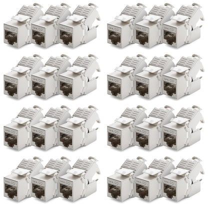 deleyCON CAT 7 Keystone Jack – 24er Set RJ45 STP LSA: Silberner, rechteckiger Modul zum LSA-Anschluss von CAT 7 STP-Kabeln in Patchpanels/Dosen.