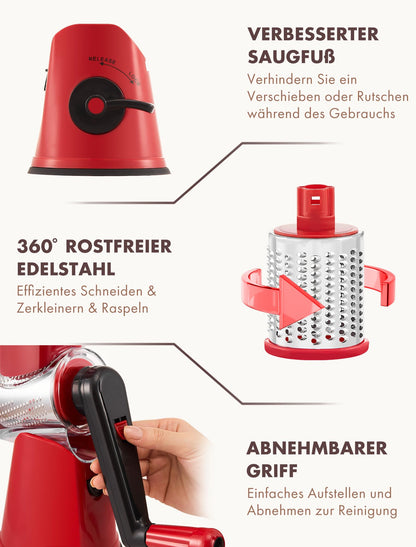 GDL Käsereibe mit Kurbel, Trommelreibe mit 5 Trommelblättern, rot