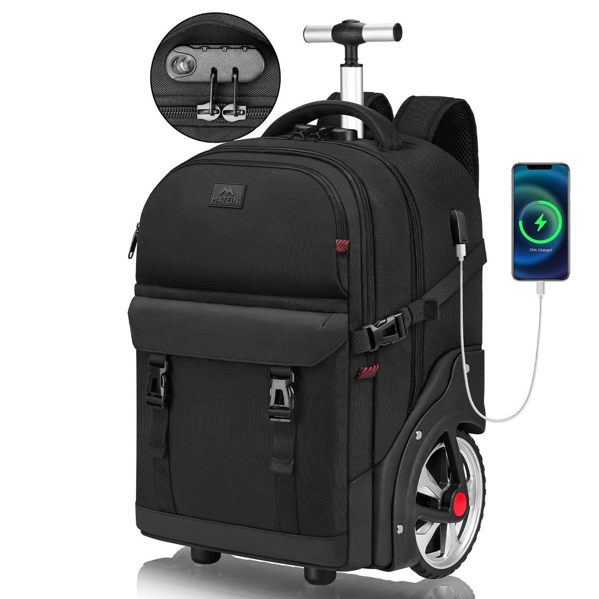 MATEIN Trolley Rucksack 17.3 Zoll mit Rollen – Schwarz. Schwarzer, rechteckiger Rucksack mit integrierten Rollen für Reise & Arbeit.
