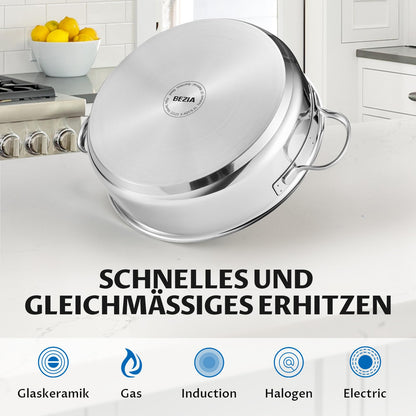 BEZIA Schmorpfanne 28 cm mit Deckel, 5,1 L, Edelstahl, Induktion