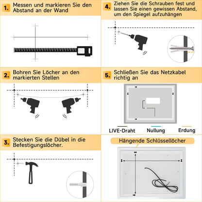 SONNI Badspiegel LED 80x60 cm - Anti-Beschlag & 3 Lichtfarben