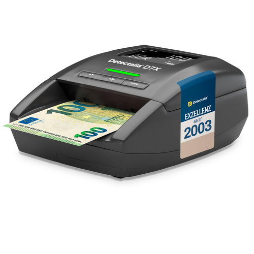 Detectalia D7X Falschgeldprüfer Zählmaschine – für Euro, CHF, GBP. Rechteckiges graues Gerät. Prüft und zählt Banknoten.
