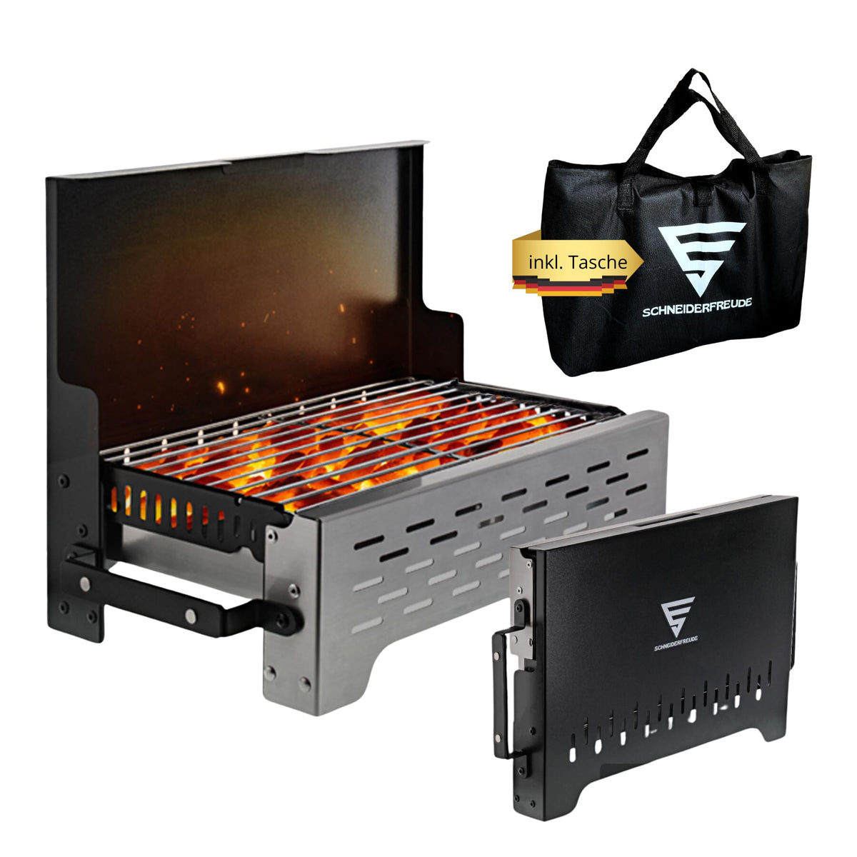SCHNEIDERFREUDE Klappgrill – DEKRA-geprüfter Holzkohle-Campinggrill, klappbar mit Tragetasche