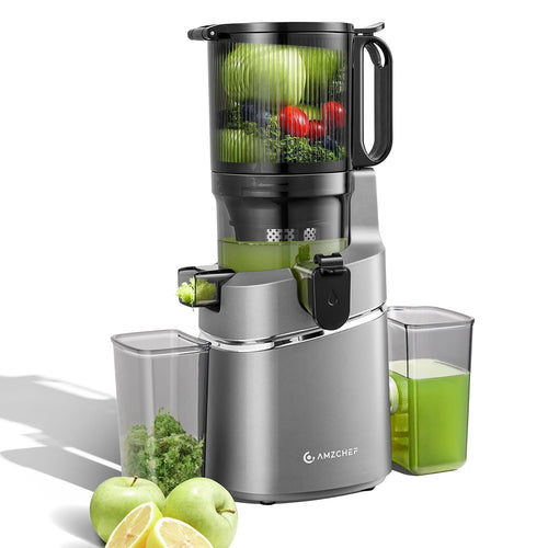 AMZCHEF Entsafter Slow Juicer 250W mit 145mm Öffnung – Grau. Graues Standgerät presst Obst & Gemüse schonend zu Saft.