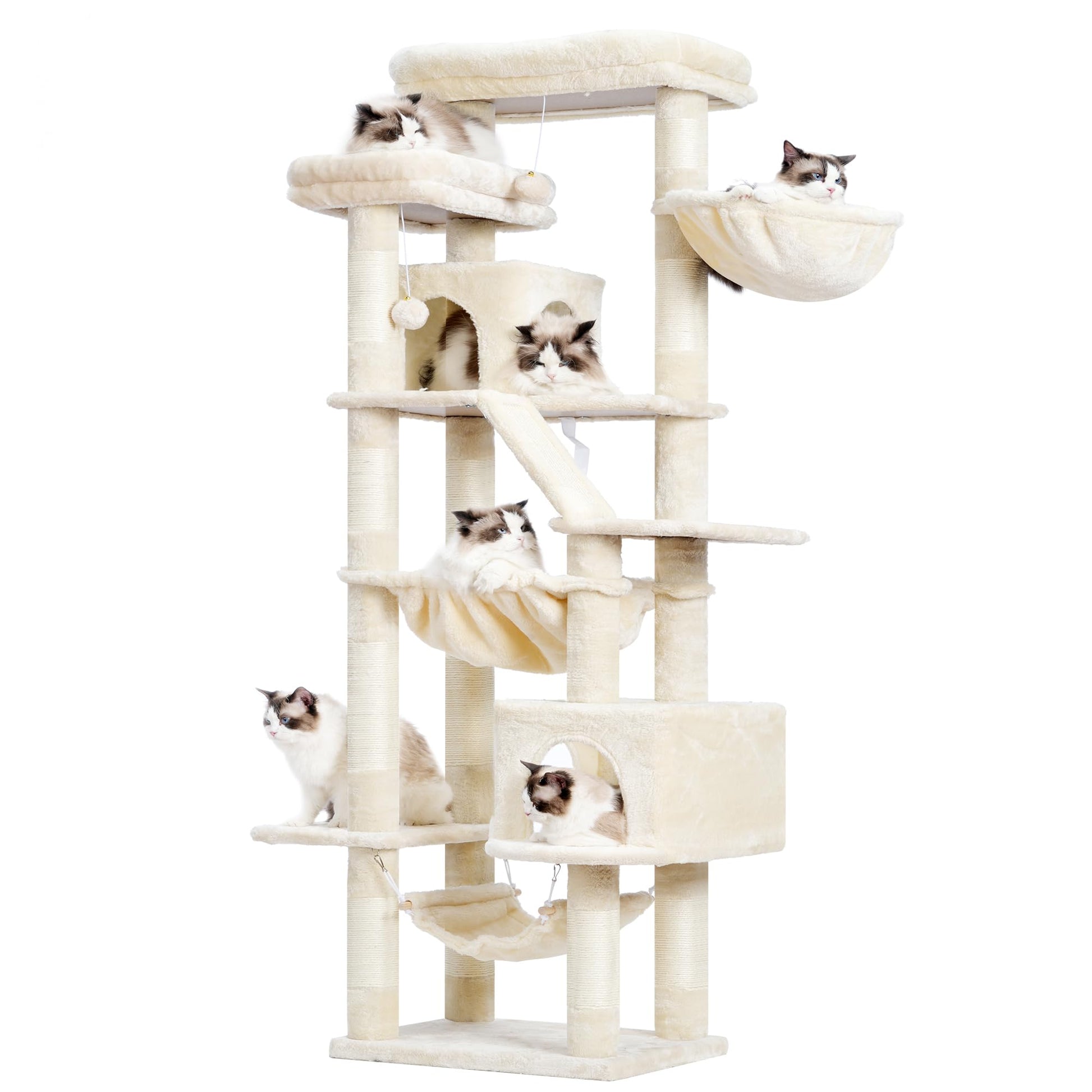 Heybly HCT034M Kratzbaum – 180 cm Beige Katzenturm. Mit Höhle, Liegeflächen, Sisal für Klettern, Kratzen, Ruhen.