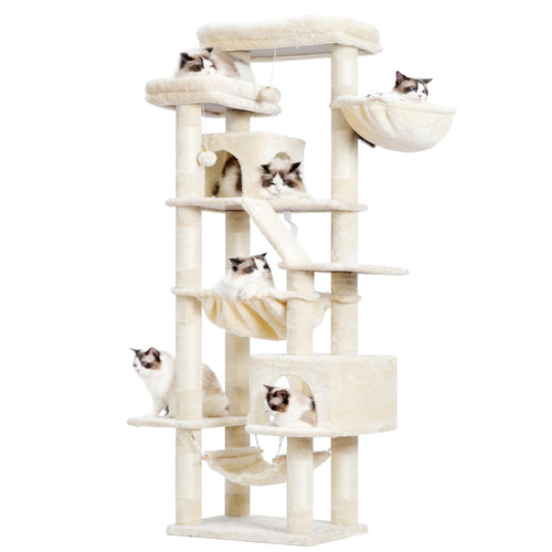 Heybly HCT034M Kratzbaum – 180 cm Beige Katzenturm. Mit Höhle, Liegeflächen, Sisal für Klettern, Kratzen, Ruhen.