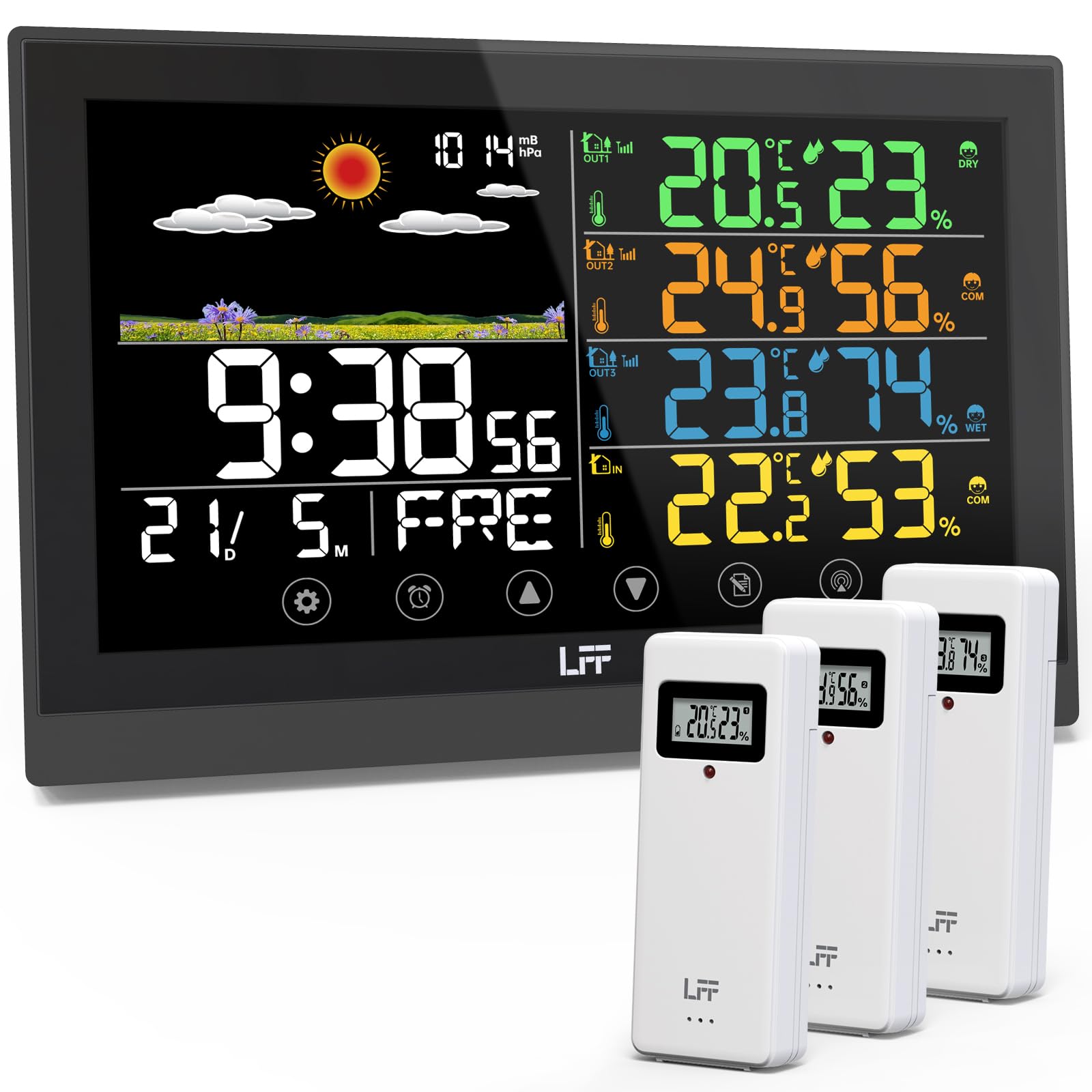 LFF Funk Wetterstation Innen Aussen mit Sensoren - Farbdisplay Atomuhr. Gerät zeigt Funk-Temp./Feuchte innen/aussen, Atomuhrzeit.