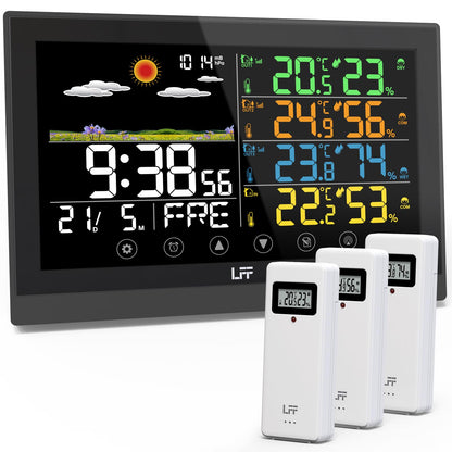 LFF Funk Wetterstation Innen Aussen mit Sensoren - Farbdisplay Atomuhr. Gerät zeigt Funk-Temp./Feuchte innen/aussen, Atomuhrzeit.