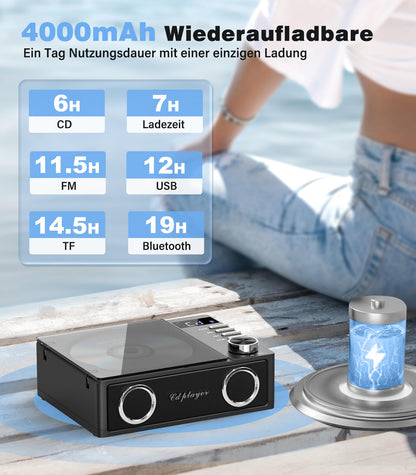 Greadio CD19 Tragbarer CD-Player mit Bluetooth 5.3 und 4000-mAh-Akku