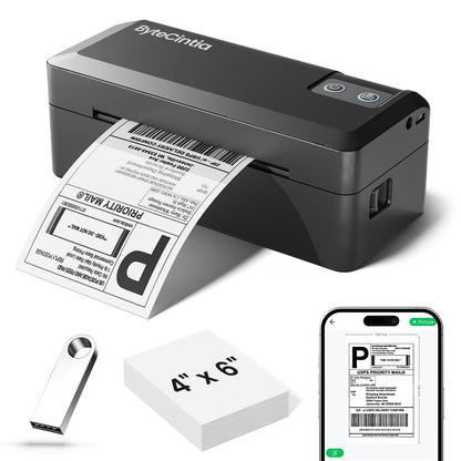 ByteCintia Bluetooth Etikettendrucker - 4x6 Thermodrucker. Druckt 4x6 Zoll Thermodruck-Etiketten per Bluetooth/USB.