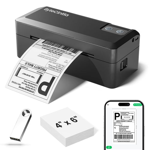 ByteCintia Bluetooth Etikettendrucker - 4x6 Thermodrucker. Druckt 4x6 Zoll Thermodruck-Etiketten per Bluetooth/USB.