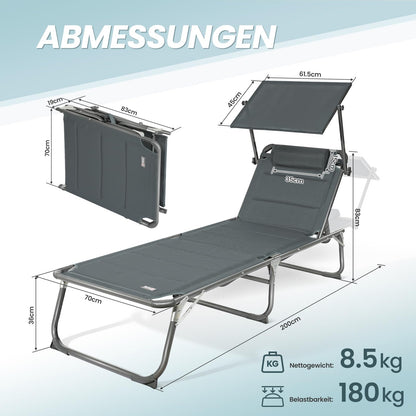 Homecall Sonnenliege klappbar mit Dach, 200 x 70 cm, Karbon Grau