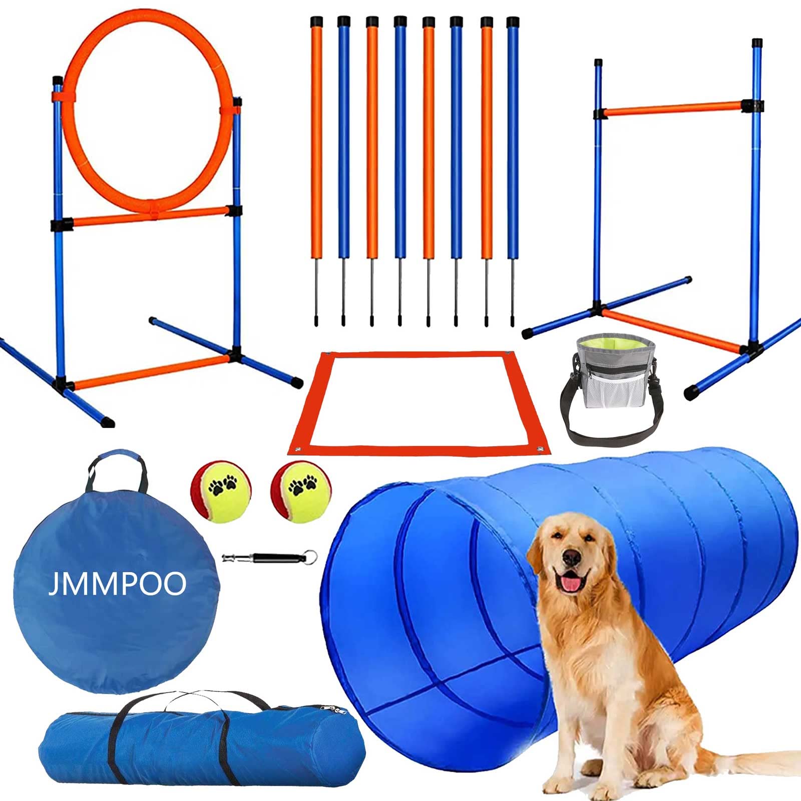 JMMPOO Agility Set Hundetraining – 65-teilige Ausrüstung: Buntes Set aus Stangen, Ringen und Tunnel. Fördert Geschicklichkeit & Koordination des Hundes beim Agility.