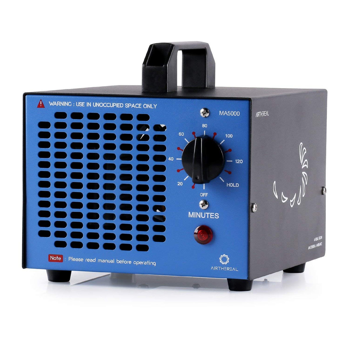 Airthereal MA5000 Ozongenerator – Geruchskiller für bis zu 300m². Rechteckiges, silber-graues Gehäuse. Erzeugt Ozon zur Geruchsbeseitigung bis 300m².