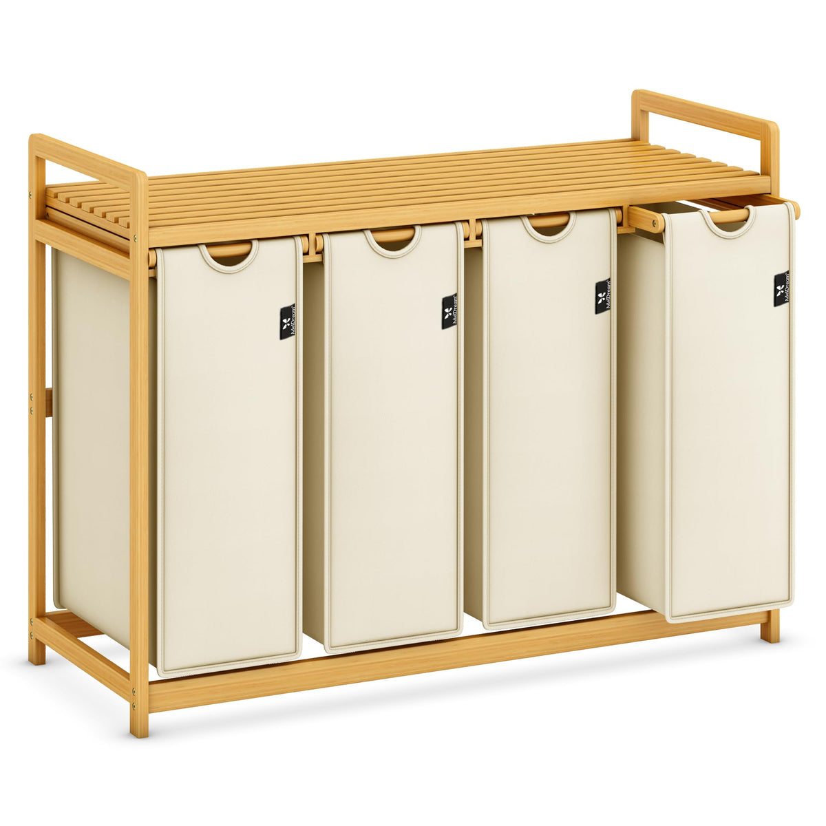 AdelDream Wäschekorb 200L mit 4 Fächern, Bambusrahmen, Beige – Wäschesammler mit ausziehbaren Wäschesäcken
