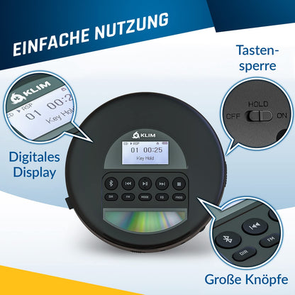 KLIM Nomad Tragbarer CD-Player mit Bluetooth und Kopfhörer