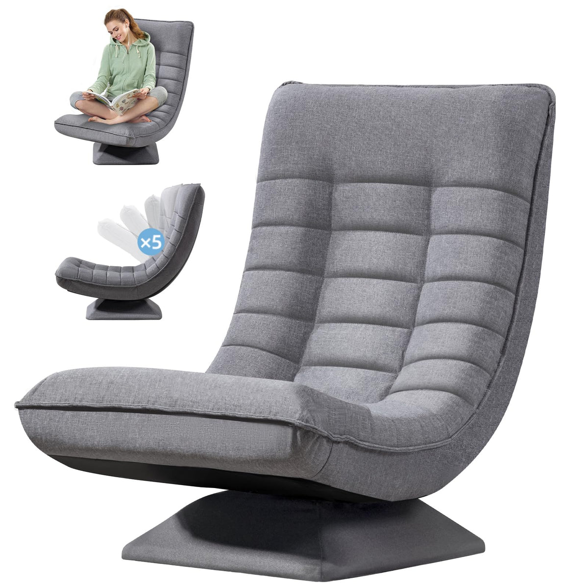 Asukale Bodenstuhl mit verstellbarer Rückenlehne, 360° drehbar, Grau, Bodensessel mit Leinenbezug und Polsterung