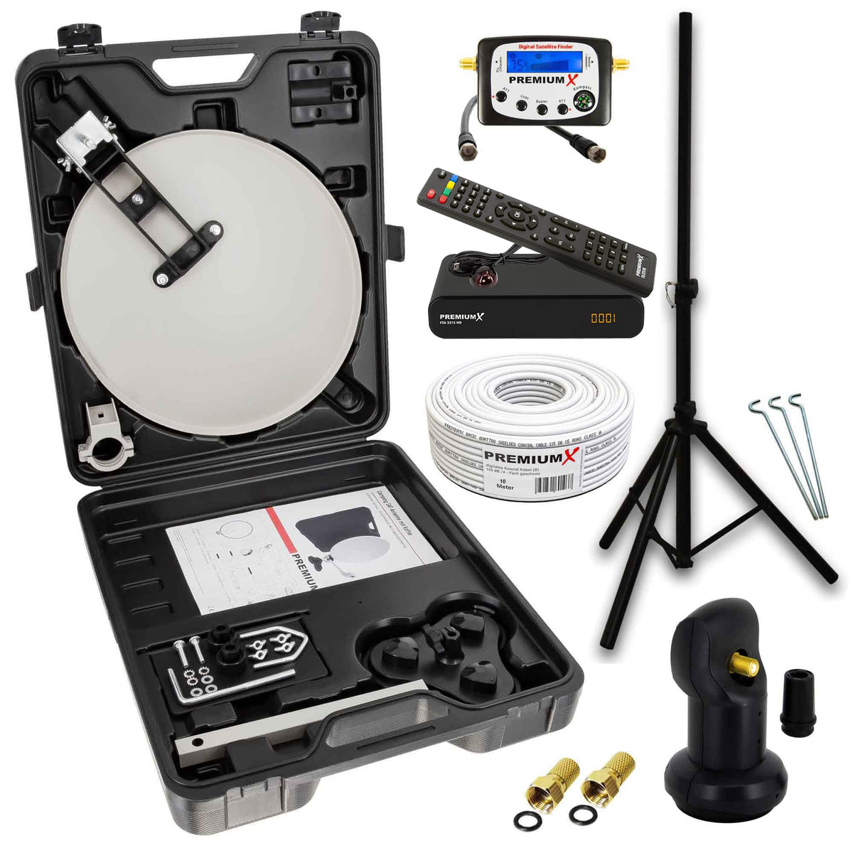 PremiumX Mobile Camping SAT Set - Single LNB Koffer Stativ. Graues Koffer-Set mit LNB und Stativ für mobilen Satellitenempfang.