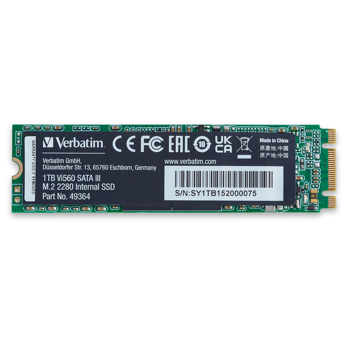 Verbatim Vi560 S3 SSD-Laufwerk M.2 2280 SATA III - 1 TB. Schwarzer, länglicher M.2-Stick zur schnellen Datenspeicherung in PCs.