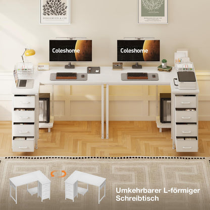 Coleshome Eckschreibtisch L-Form 100x70cm – 4 Schubladen Weiss