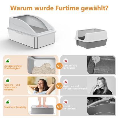 FURTIME Katzenklo Edelstahl XXL 30L mit Streuschaufel, silbergrau