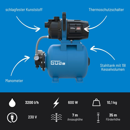 Güde Hauswasserwerk HWW 6035 600 W, 19 l Stahltank, 3200 l/h
