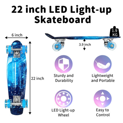 BELEEV Kinder Skateboard 22 Zoll Mini Cruiser mit LED Leuchtrollen