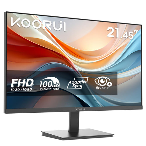 KOORUI E2212F PC-Monitor - 21.45 Zoll, FHD, 100Hz. Schwarzer, flacher Bildschirm zur Darstellung von PC-Inhalten in FHD bei 100Hz.