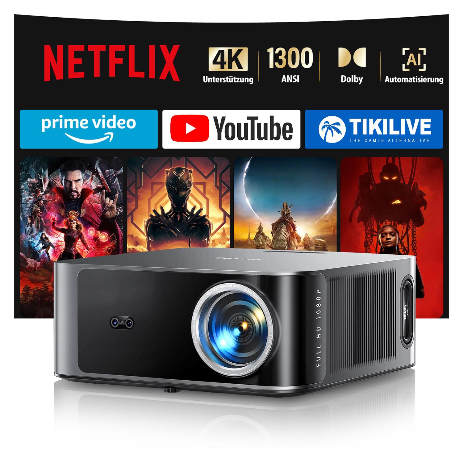 Toptro 1200 ANSI Smart Beamer 4K. Rechteckiger, schwarzer Korpus mit Objektiv. Projeziert 4K-Filme mit 1200 ANSI Lumen für Streaming.