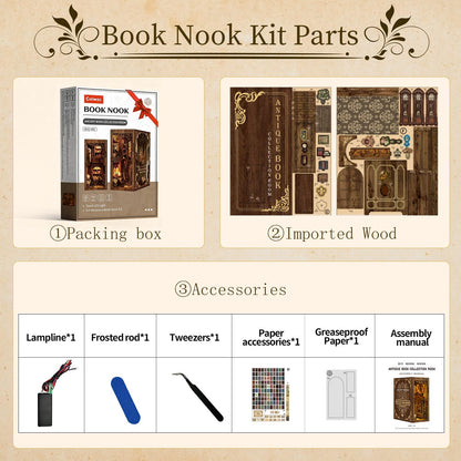 Cuiwos Book Nook Bausatz Klassische Edition mit LED-Beleuchtung