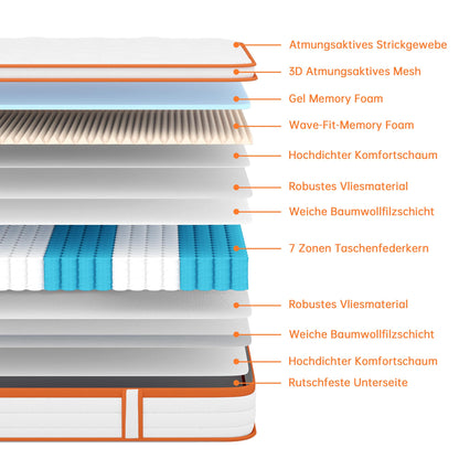 TeQsli Gel Taschenfederkern Matratze 90x200 cm H3/H4 7-Zonen
