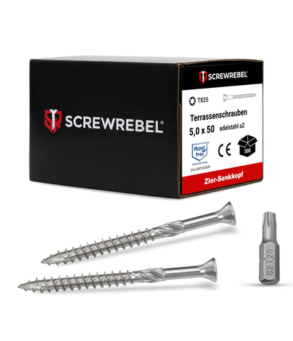 SCREW REBEL Terrassenschraube ST-FIX Edelstahl A2 5 x 50 mm 500 Stück, Zier-Senkkopf und TX-25-Antrieb