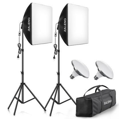 RALENO 2x 50W LED Softbox Fotostudio Set - 50x50 cm, schwarze Softboxen für weicheres Licht in der Fotografie.