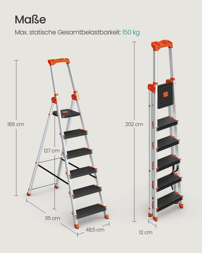 SONGMICS Aluleiter GLT06BK, 6 Stufen, Handlauf, bis 150 kg
