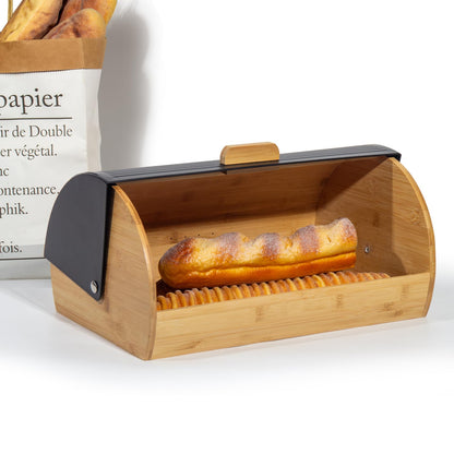 GREELUE Brotkasten Metall Bambus, Brotbox mit Deckel, schwarz, 39 cm
