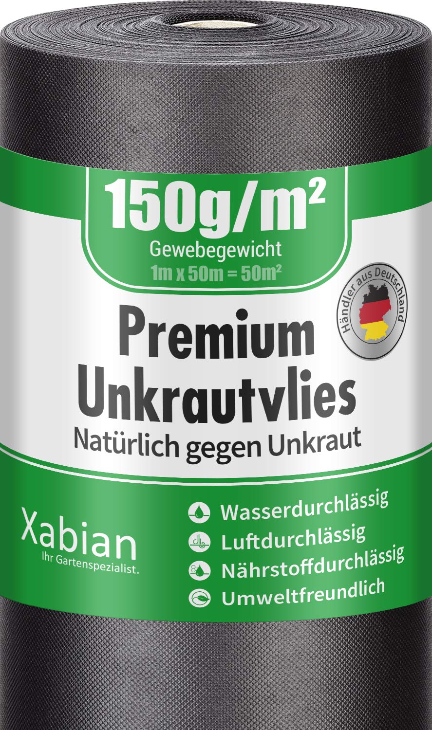 Xabian Anti Unkrautvlies Gartenvlies - 150g/m² 50x1m. Schwarzes, rechteckiges Vlies unterdrückt Unkrautwuchs im Garten.