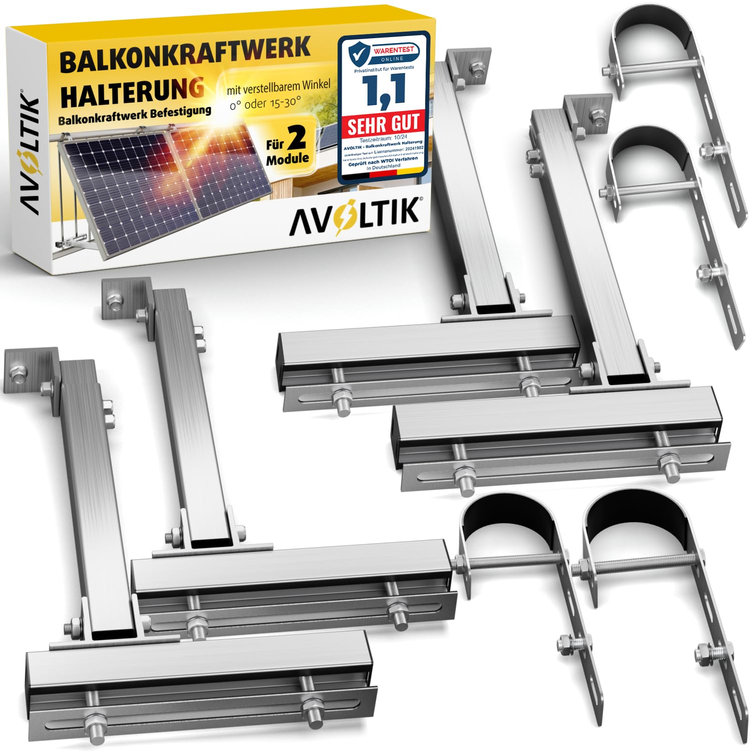 Avoltik Balkonkraftwerk Halterung Geländer – 2er Set verstellbar. Zwei Metallhalterungen für flexible Solarmodul-Montage am Geländer.